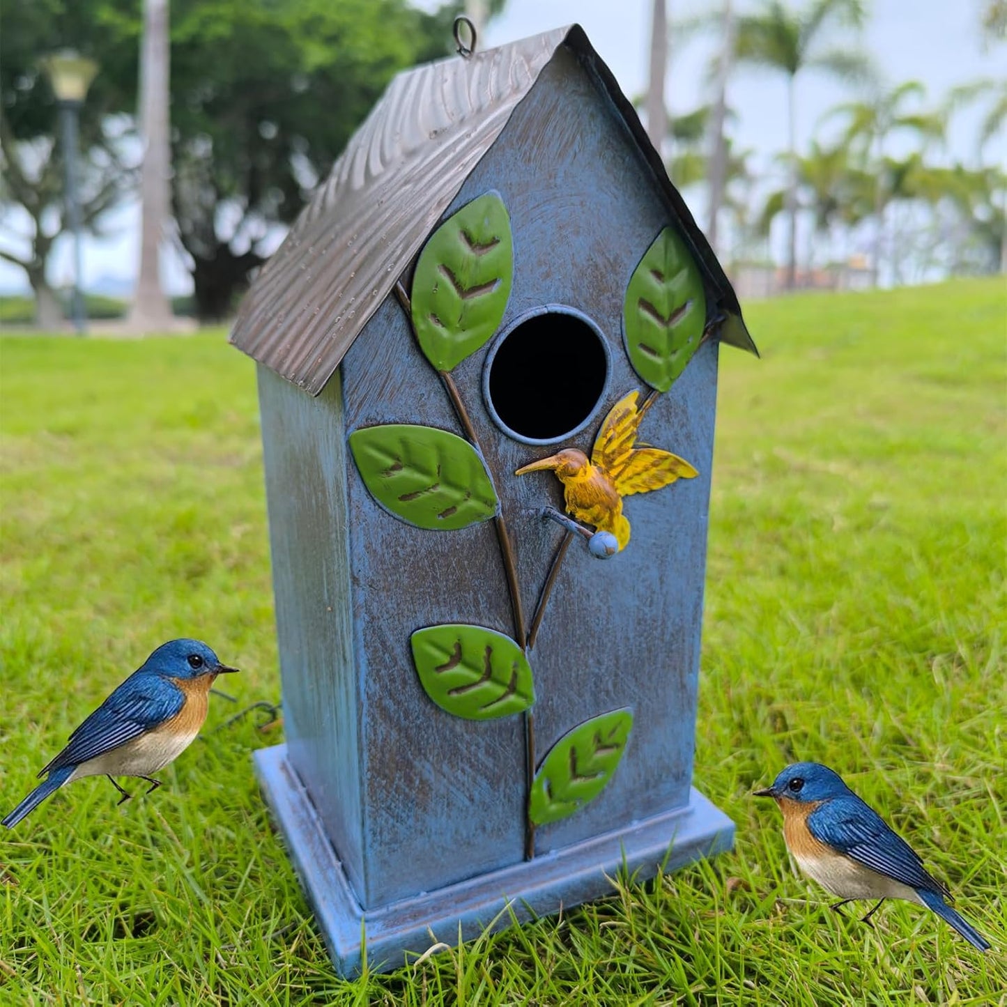 Metal Bird House for Outside - Elegant & Durable Hanging Birdhouse with Rustic Brown Roof & Vibrant Blue Design - Includes S-Hook for Easy Hanging (23.46in Tall)