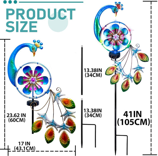 Wind Spinners Outdoor for Yard and Garden - Wind Sculptures & Spinners - 41 Inch Wind Spinner with Solar Powered Multi-Color Light for Yard Garden Backyard Lawn Peacock Decorations