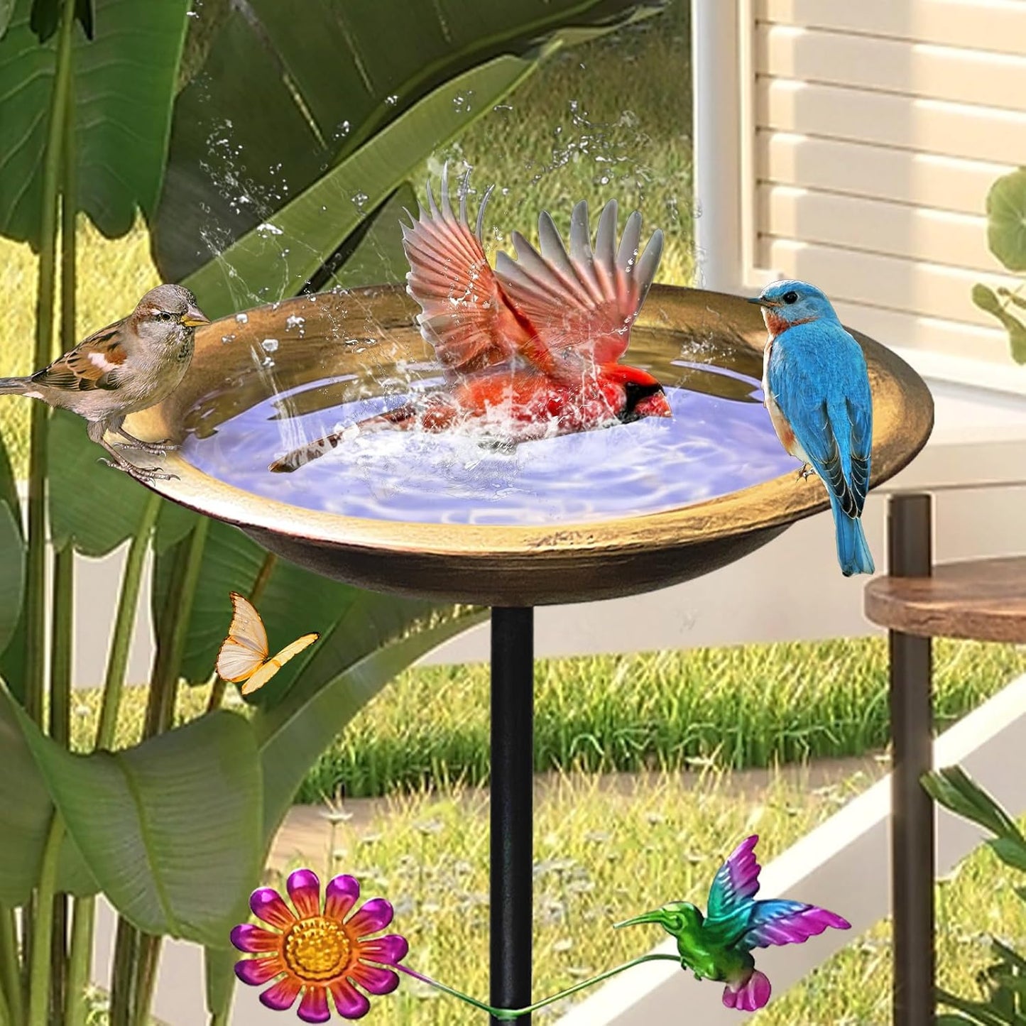 Bird Bath for Outdoors,Metal Freestanding Garden Bird Feeder with Deco