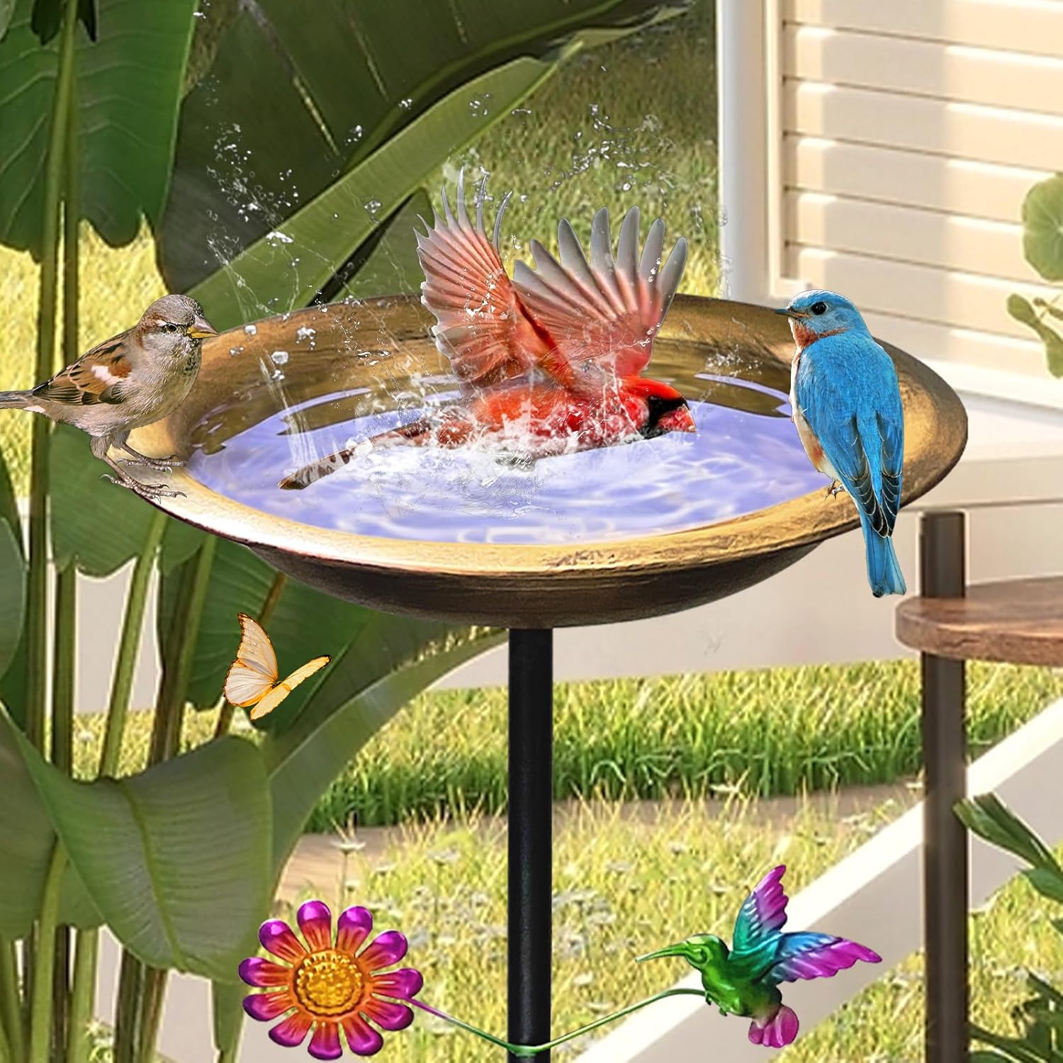 Bird Bath for Outdoors,Metal Freestanding Garden Bird Feeder with Deco