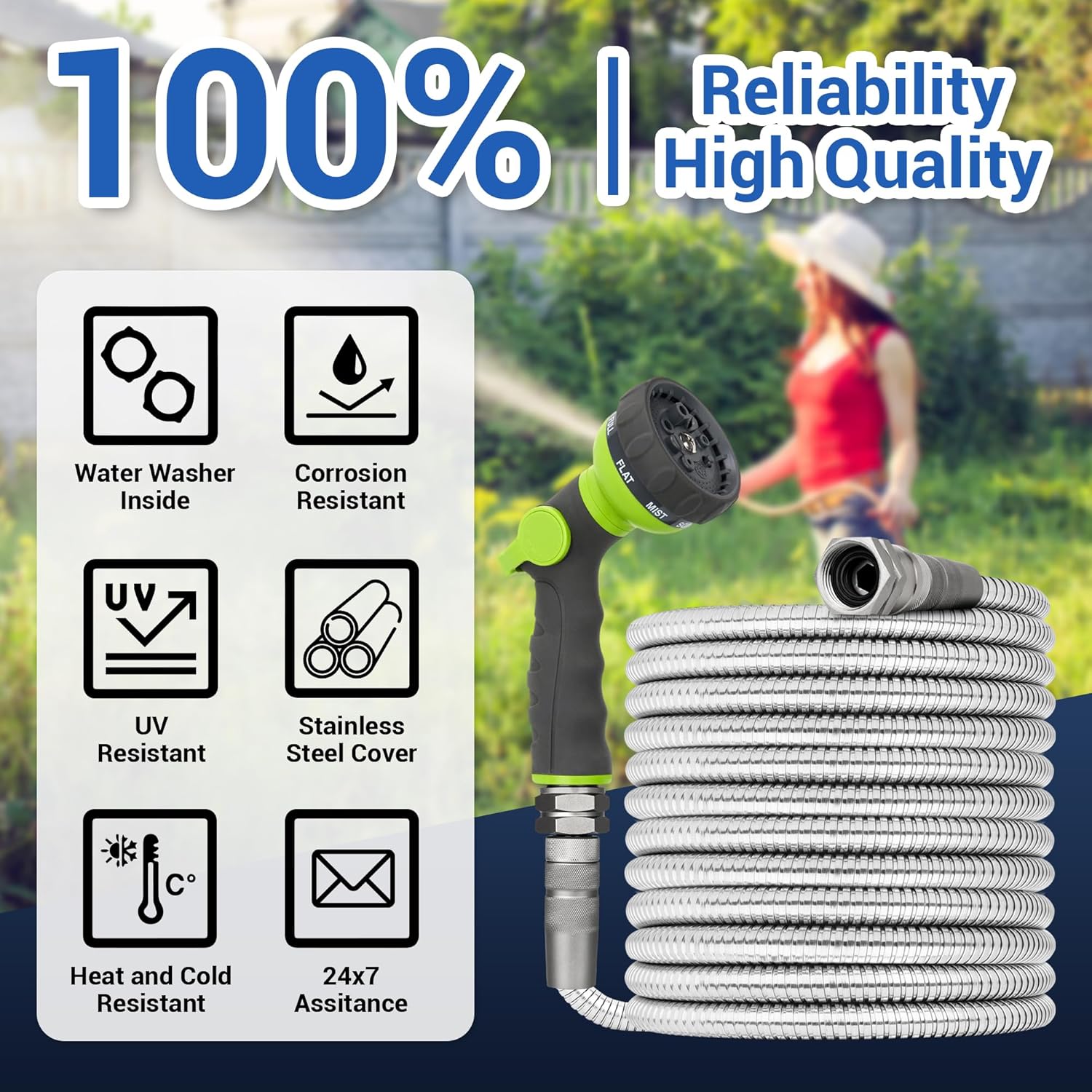 100 FT Stainless Steel Garden Hose – Long Reach 304 Steel Metal Water 