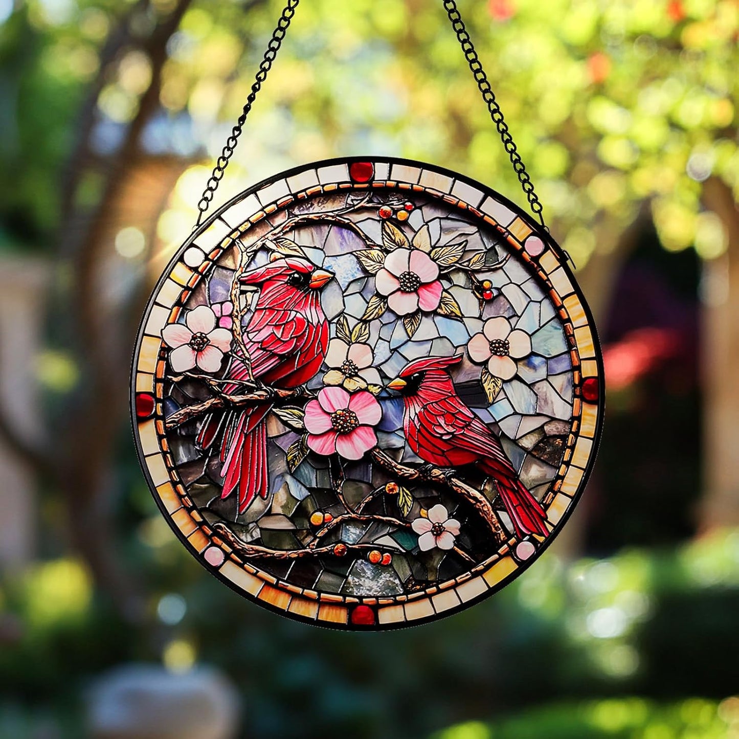 Cardinal Stained Glass Suncatcher - Hand-Painted Window Hanging with Metal Chain, Outdoor/Indoor Wall Decor for Mothers Day, Housewarming Gifts for Mom & Grandma Women Birthday Gifts