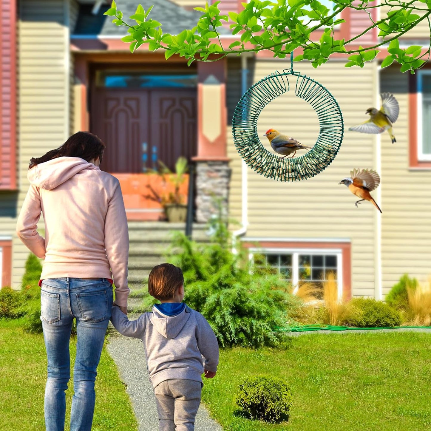 Hugeleaf 2 Pieces Peanut Bird Feeder, Hanging Wreath Feeder Round Metal Whole Wild Bird Feeder with Hanging Hook for Outdoor Birds and Squirrels Feeding, Fat Suet Ball Feeder for Blue Jay, Green