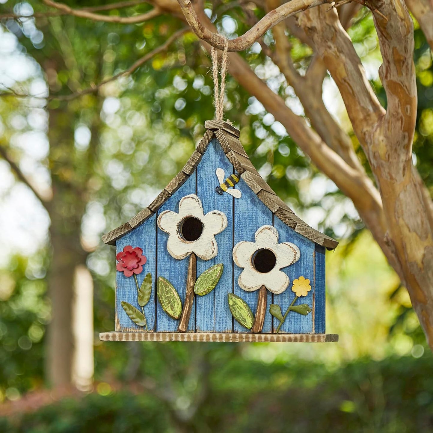 Glitzhome 10.5" H Hanging Birdhouse Washed Blue Distressed Decorative Wooden Two-Story Townhouse with 3D Flowers for Outside