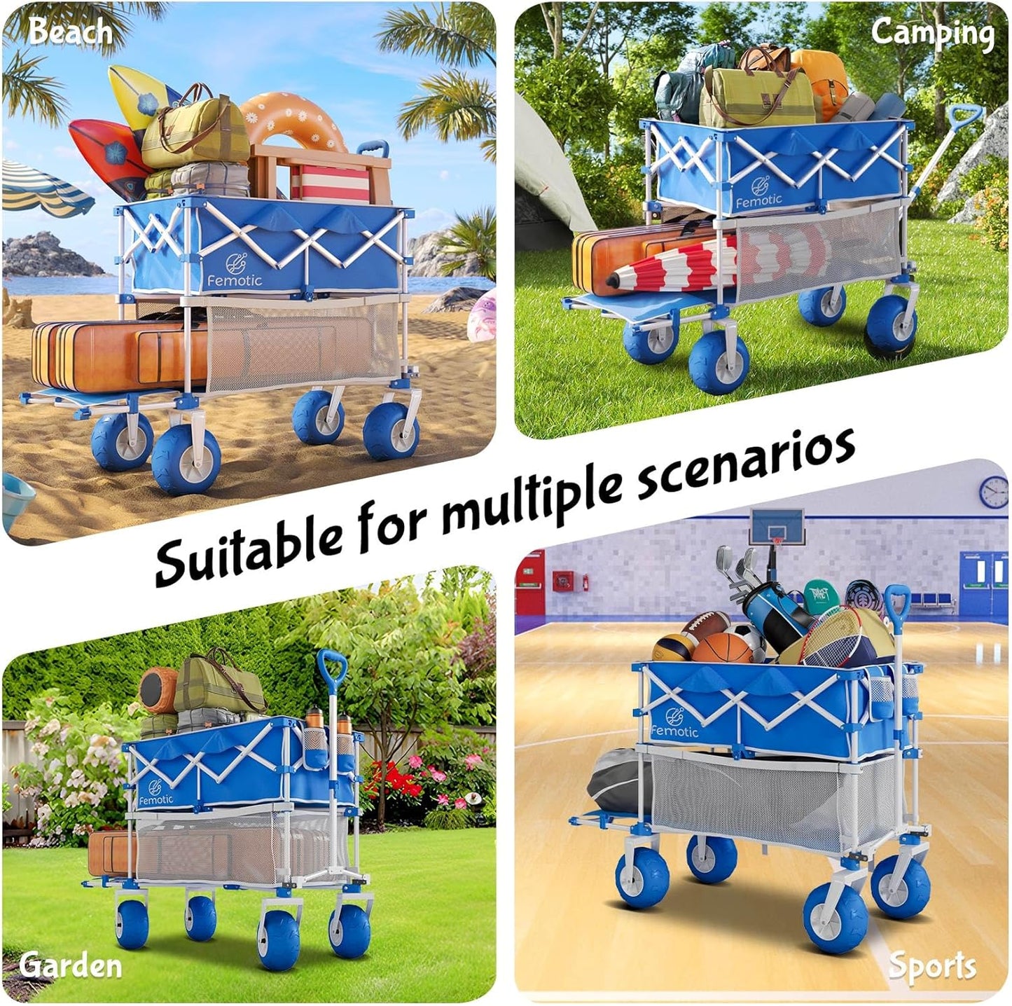 Beach Wagon with Big Wheels for Sand,Heavy Duty Double Decker Wagon with Extender,385L Extra Large Foldable Wagon Cart with 9" All Terrain Inflatable Tires,for Beach Camping Garden and Sports, Blue