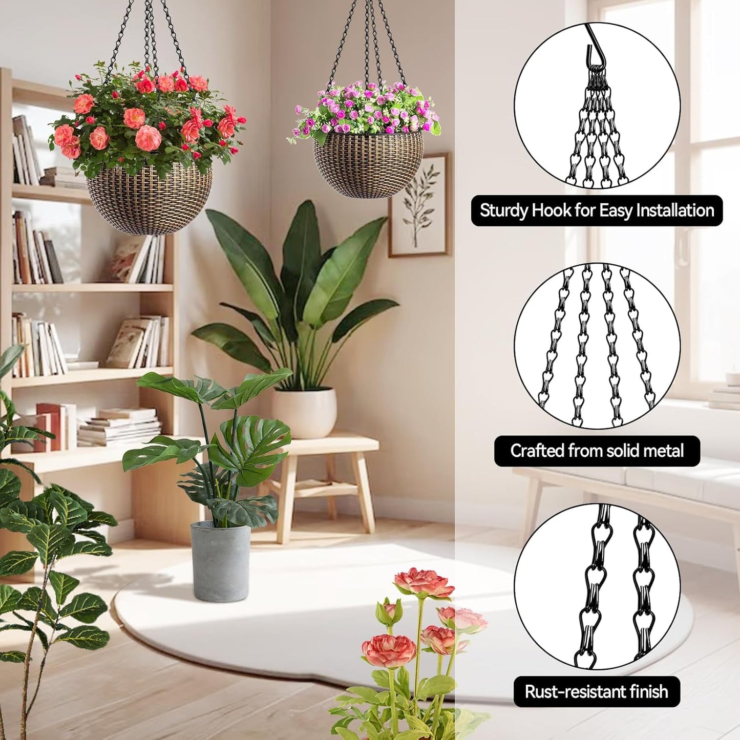 ZeeDix 4 Pack, 24 Inch Hanging Basket Chain with Hooks, Black Metal Planter Flower Pot Chain for Hanging Plants, Adjustable Replacement Chain for Lanterns, Bird Feeders and Flowers