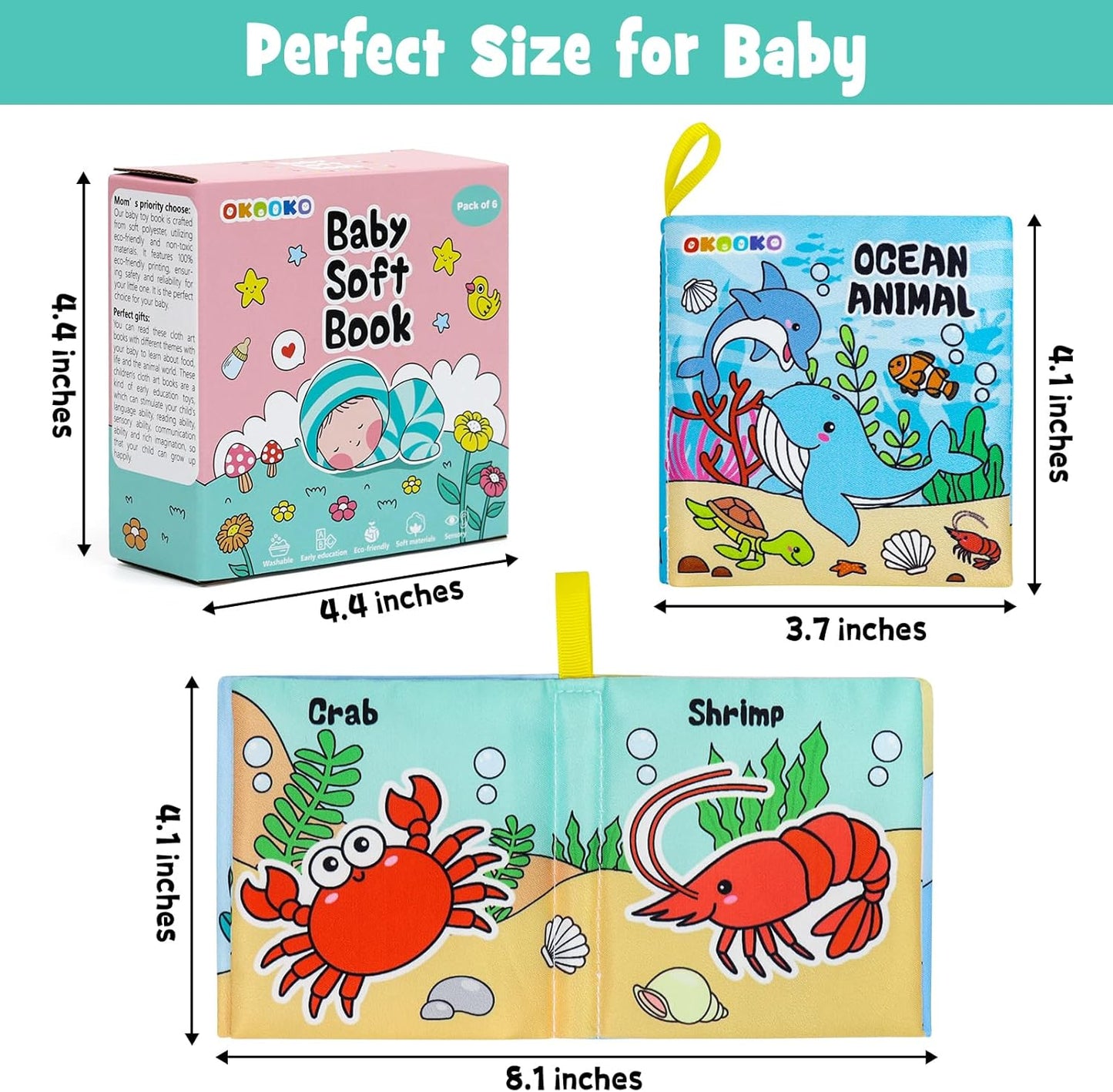 OKOOKO Soft Baby Books 6PCS Soft Cloth Books Bath Books Crinkle Washab