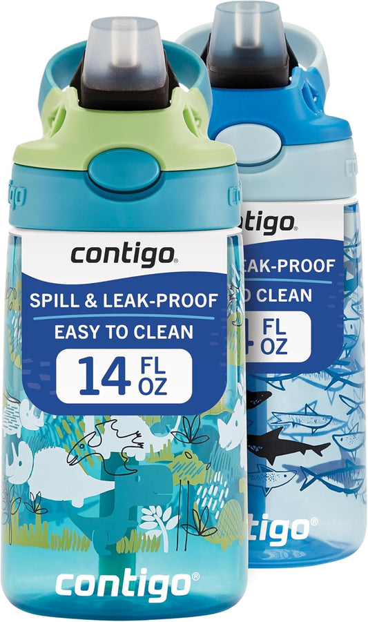 Contigo Aubrey Kids Water Bottle, 2-Pack, 14oz, Dinos & Sharks, Spill-