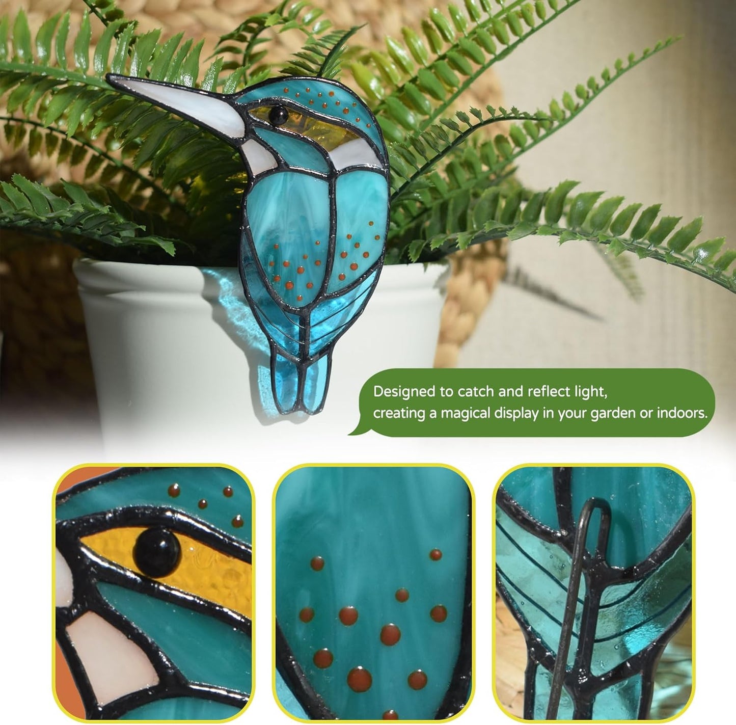 Lolitarcrafts Stained Glass Kingfisher Suncatcher for Planter Decoration-Colorful Glass Plant Pot Ornament,Bird Lover Gifts,Plant Lover Gifts