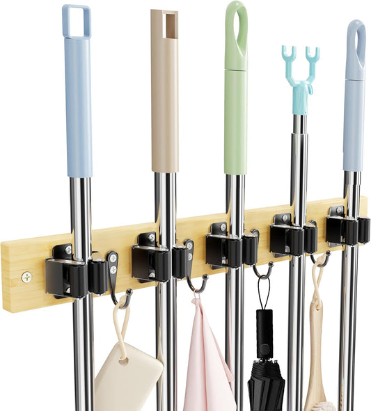 Mop and Broom Holder Wall Mount - Bamboo Broom Mop Hanger - Wall Mounted Garden Tool Rack Organizer for Closet Garage Laundry Room Kitchen Decor With 5 Slots & 4 Hooks (Bamboo)