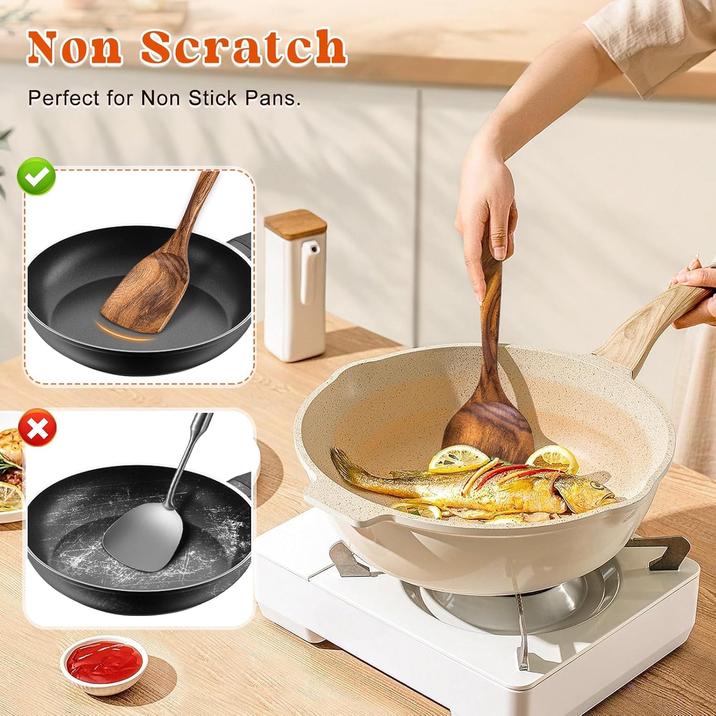 2Pcs Wooden Spatula, Acacia Solid & Slotted Turner Spatula Set, Long H