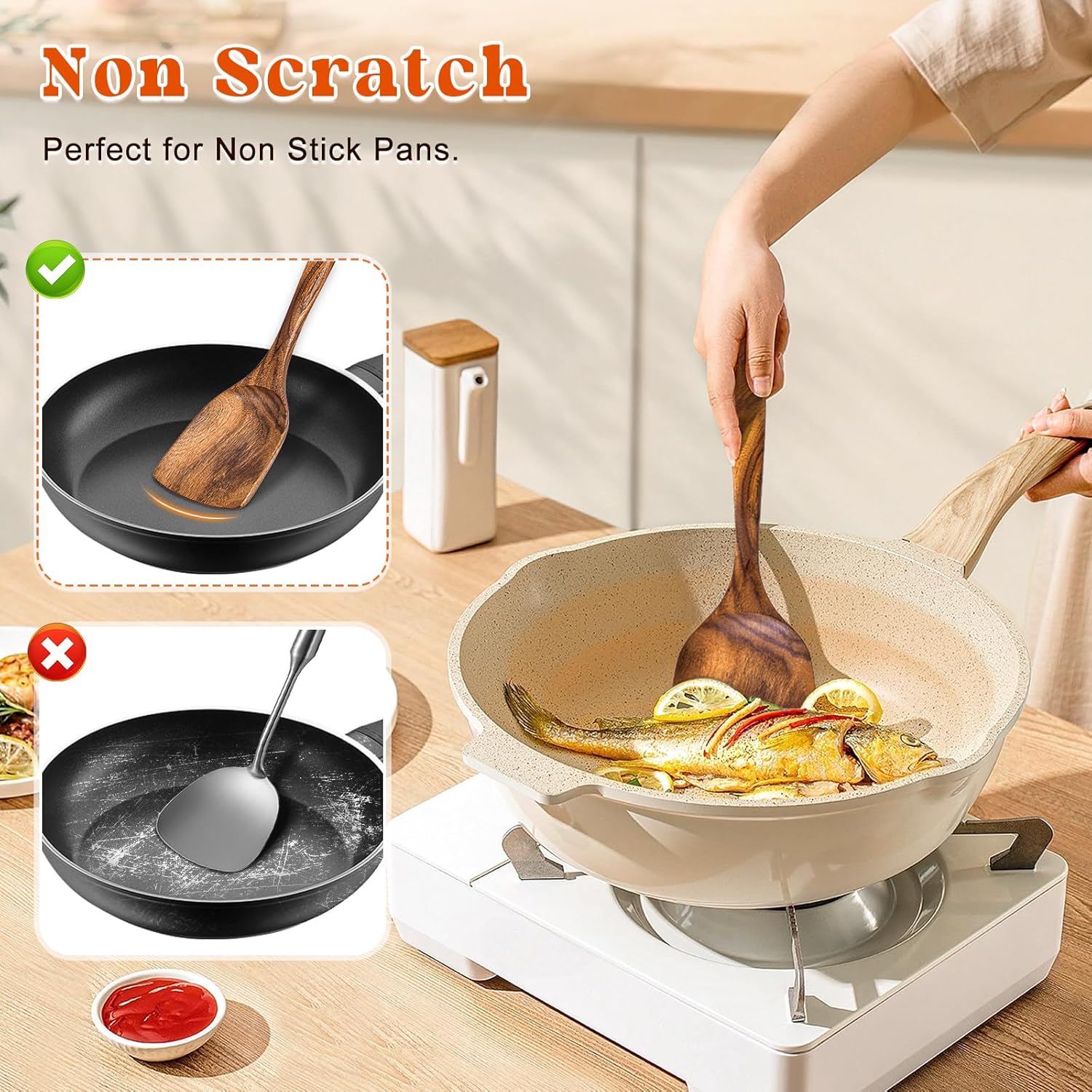 2Pcs Wooden Spatula, Acacia Solid & Slotted Turner Spatula Set, Long H