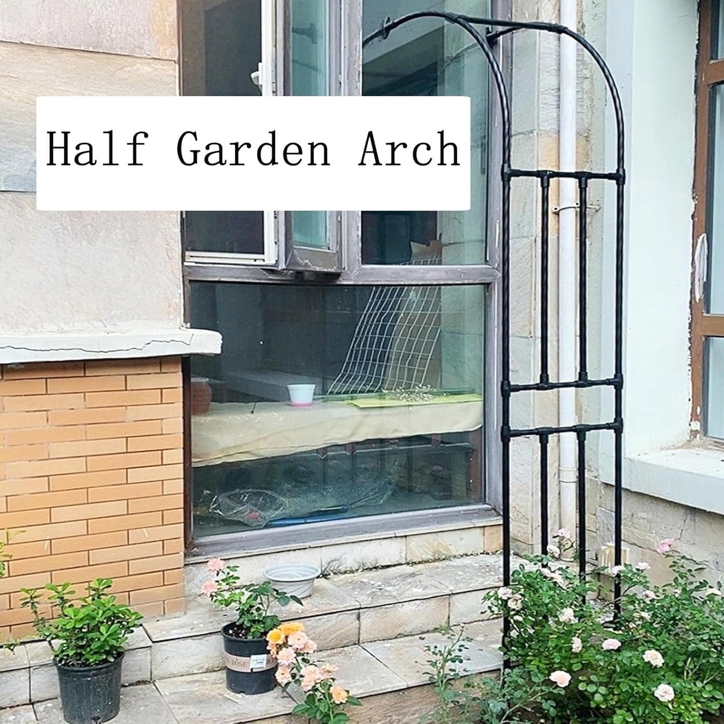 Garden Half Arch Arbor Trellis - Metal & PE Coated Climbing Plant Support, Outdoor Floral Archway for Roses, Vines, and Garden Decor (Black, 60x240x40cm)