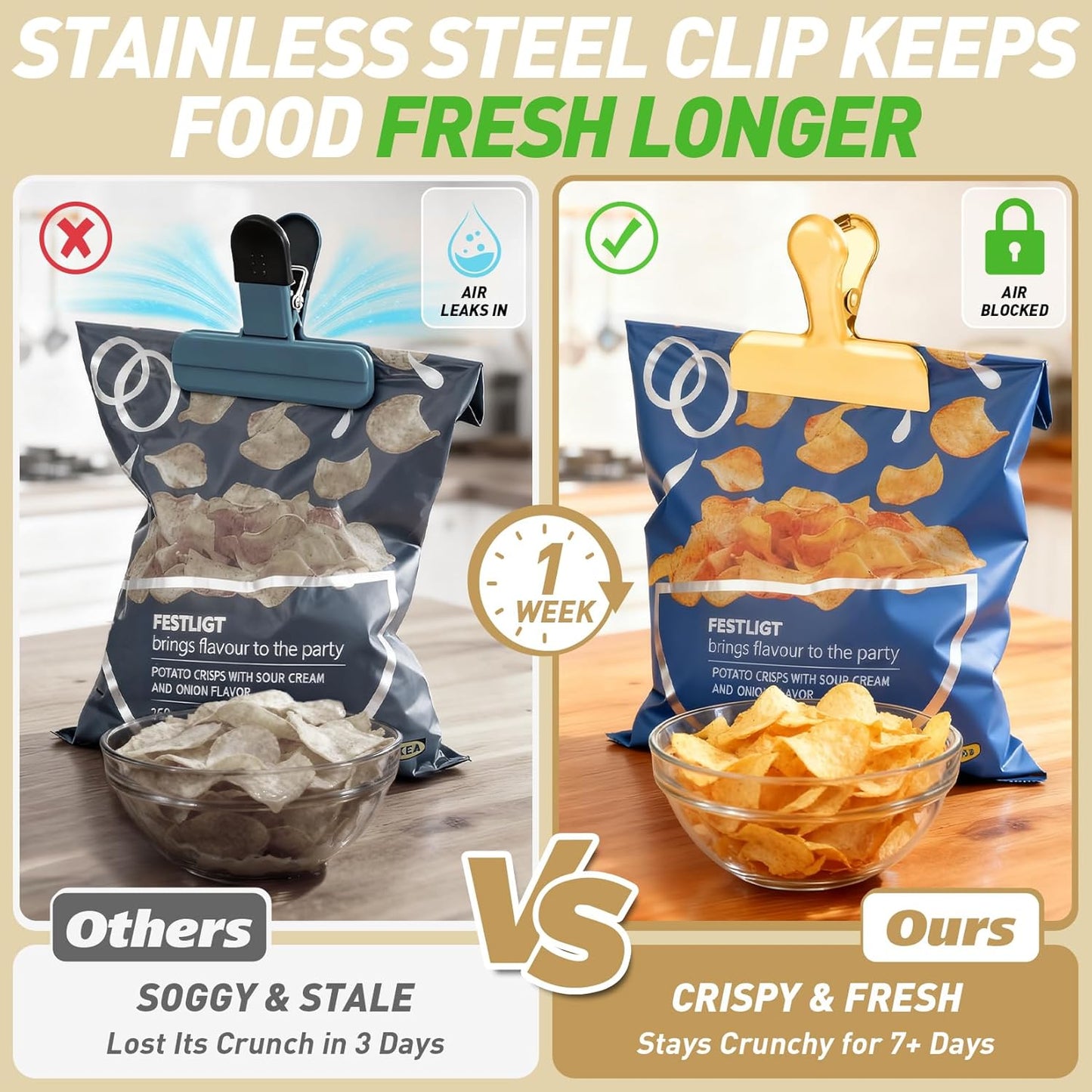 Funfery Chip Clips Bag Clips Gold Stainless Steel Clip for Food Storage,Air Tight Seal Chip Bag Clip 3 Inch Strong Food Clipp for Snack,Chips,Kitchen Decor,Home&Office Paper Heavy Duty-8 Pack