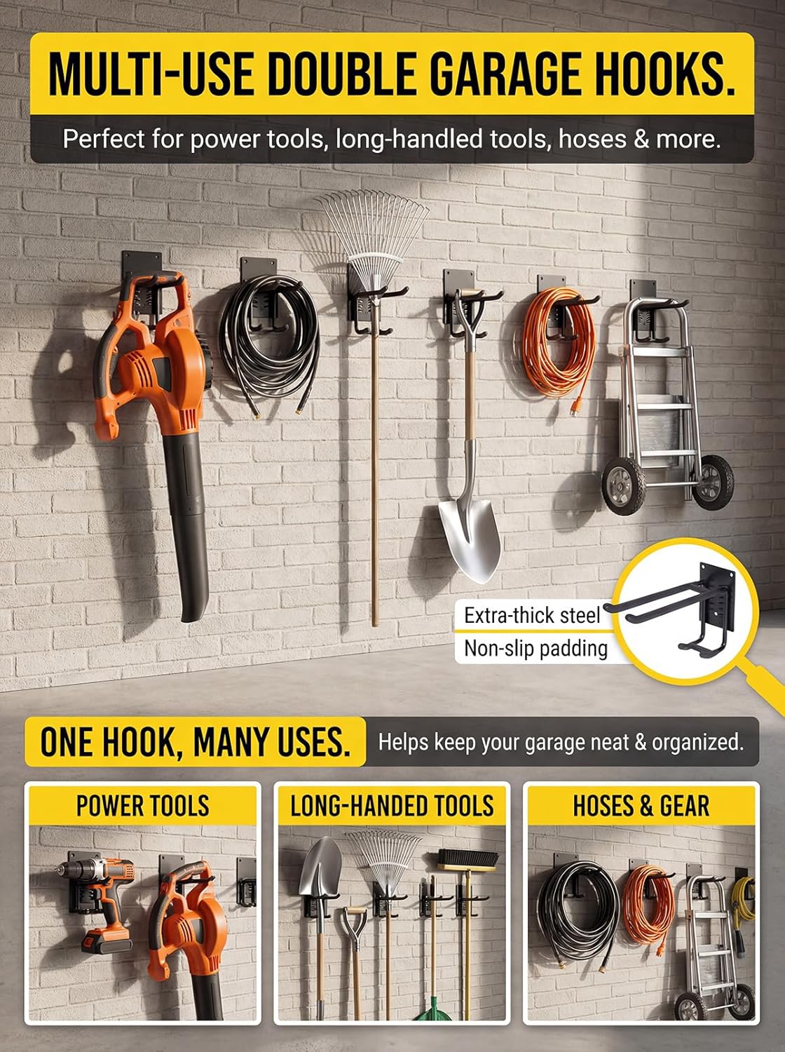 Delobon Garage Hooks 4pack Garage Organization [Steel Multi-Purpose Wall Storage Hooks] for Garden Tool Organizer Heavy Duty Hooks Ladder Power Tools Shovel Rake Broom