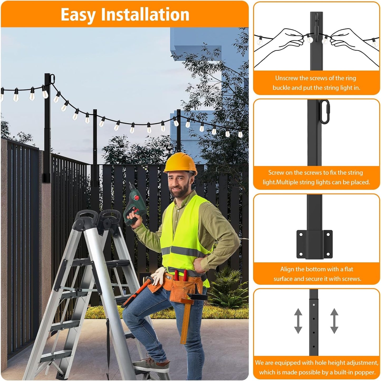 8 Pack 2.8Ft Suspension Outdoor String Light Poles for Outside String Lights Hanging,with Clip and Holder,Light Post Mounting Stand for Patio Fence Wall Garden Backyard Deck
