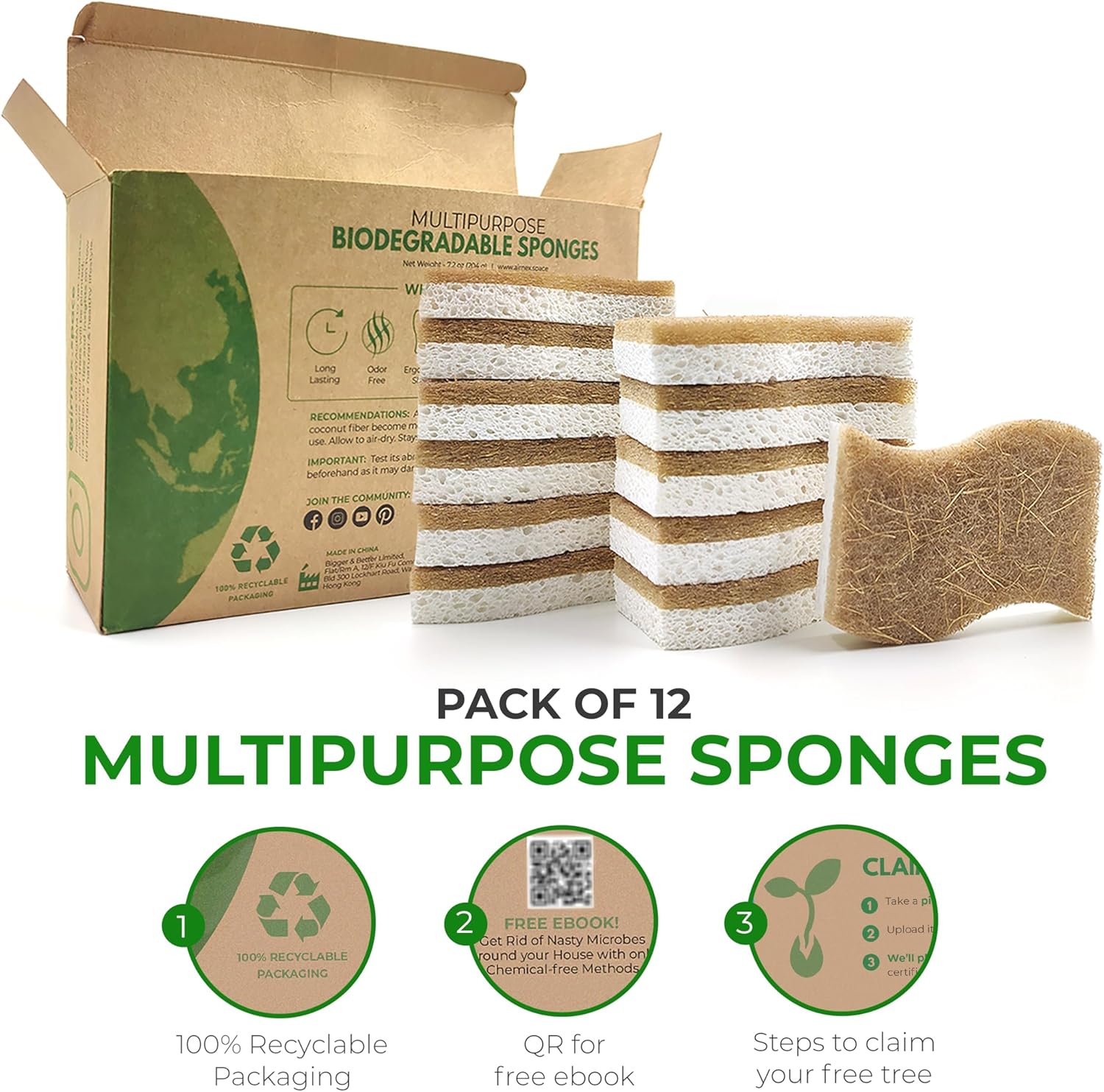 Biodegradable Natural Kitchen Sponge - Compostable Cellulose and Cocon