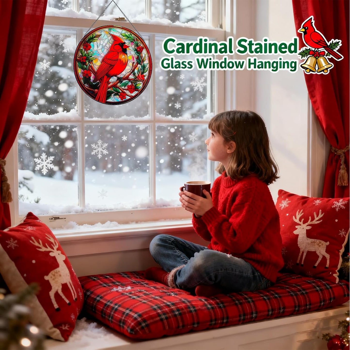 7.87" Cardinal on Branch Stained Glass Window Hanging,Red Bird Memorial Suncatcher,Bird Ornaments，Cardinal Gifts for Women Mom Grandma