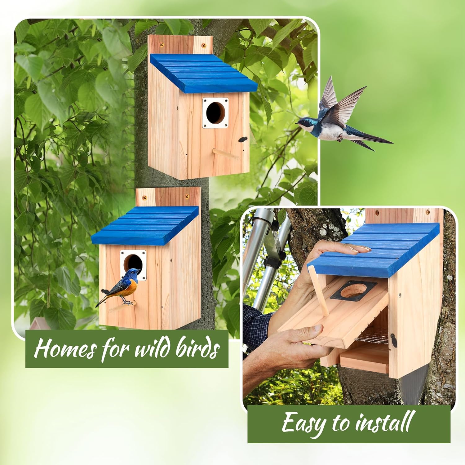 4-Pack Blue Wooden Bird Houses for Outdoors with Predator Guard, Blueb