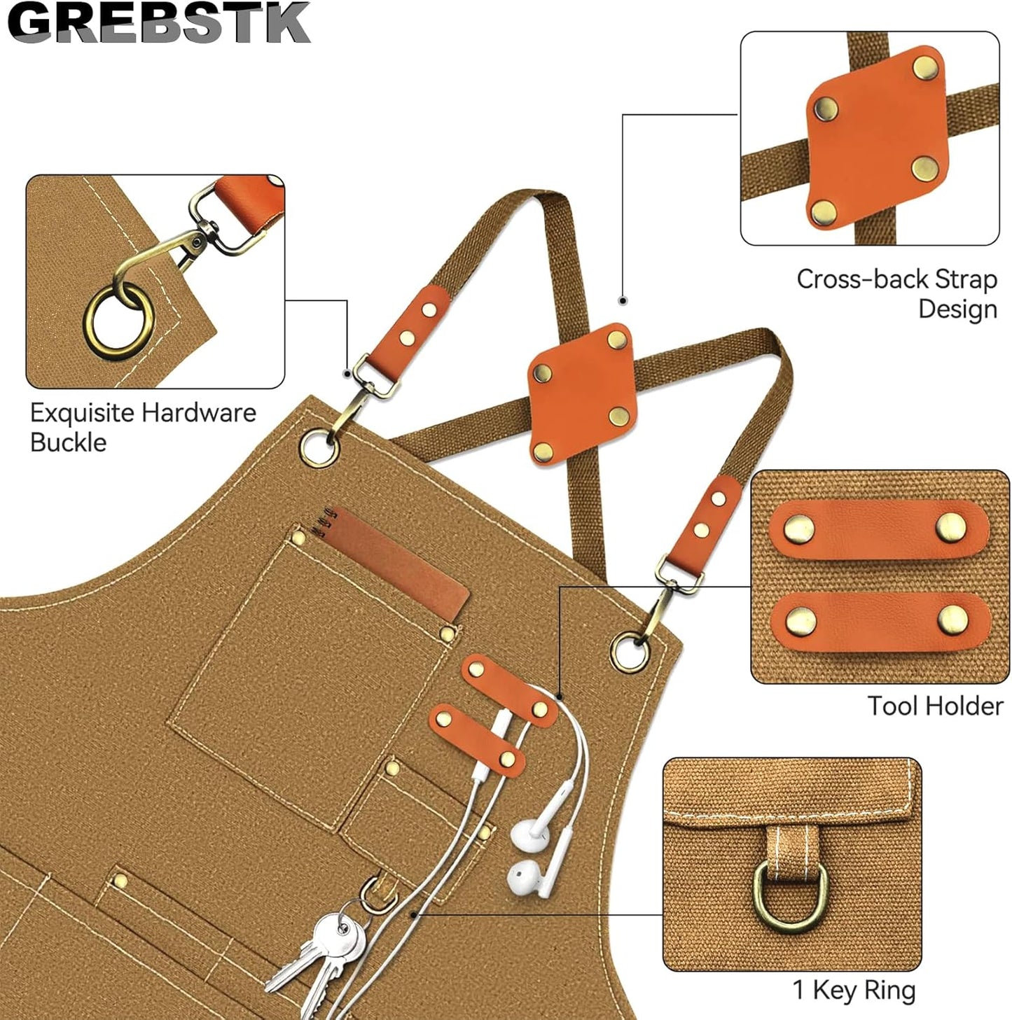 GREBSTK Work Apron Cross Back Adjustable Canvas Tool Apron for Woodworking, Gardening, Cooking