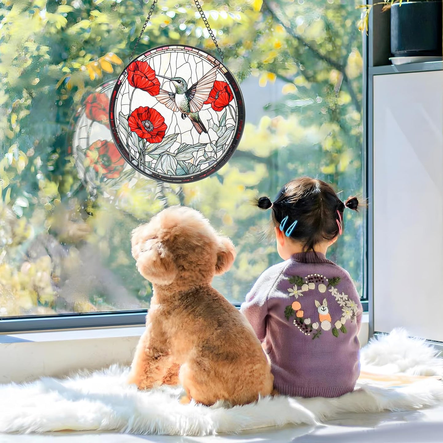 Stained Glass Window Hanging, Hummingbird and Red Flowers Sun Catcher for Door Garden Kitchen Home Decor, Suncatchers for Christmas Mother's Day Birthday Gifts for Bird Lovers Women Men Mom 7.8 in