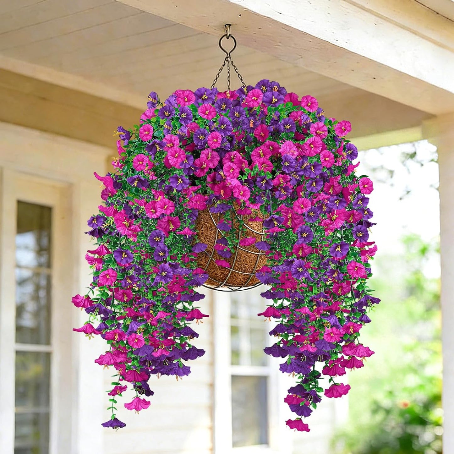 Artificial Hanging Flowers for Outdoor, 4Pcs UV Resistant Faux Morning Glory Flower Spring Summer Decroation, No Fade Fake Flower Trailing Vine for Porch Patio Balcony Yard Garden, Purple+Light Purple