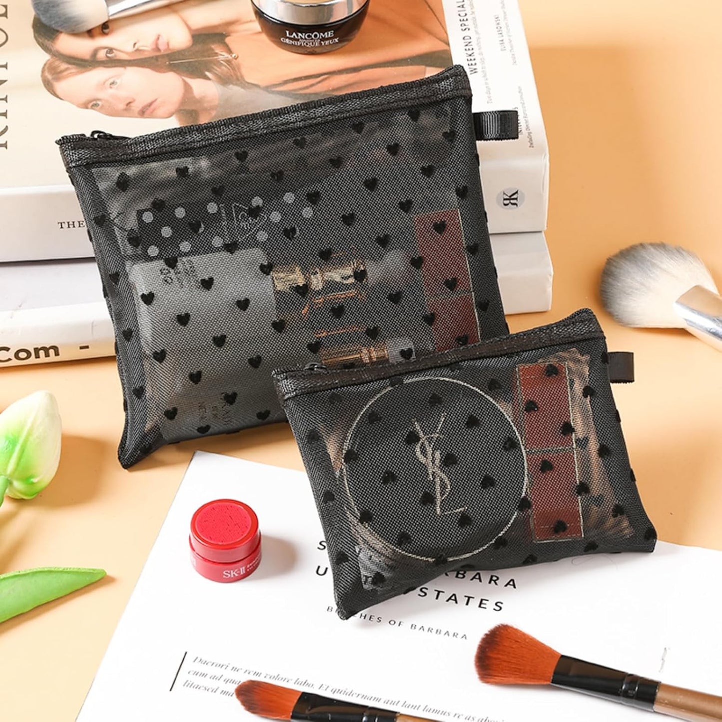 4-Piece Heart Printed Mesh Makeup Bag Set, Portable Travel Mesh Cosmet