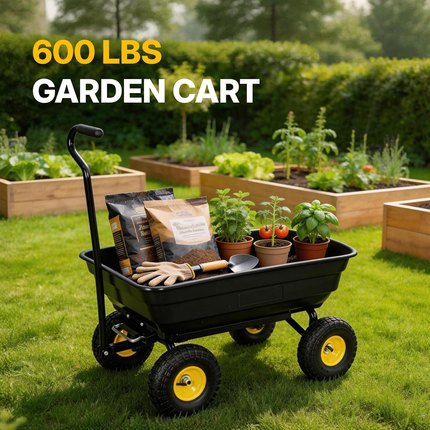 Heavy Duty Garden Dump Cart - 600lbs Load Capacity, 10" All-Terrain Wh