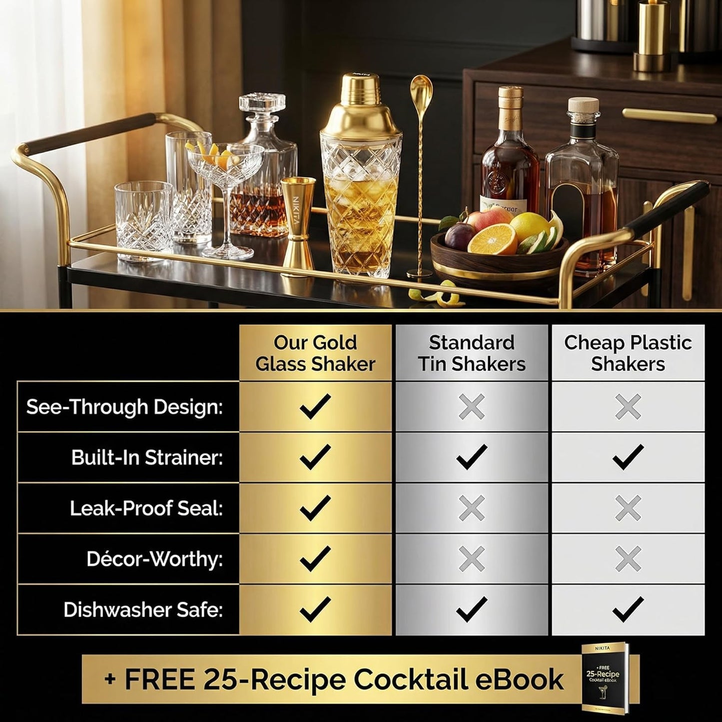 NIKITA by Niki Glass Cocktail Shaker Set, 5-Piece Martini Shaker & Bar