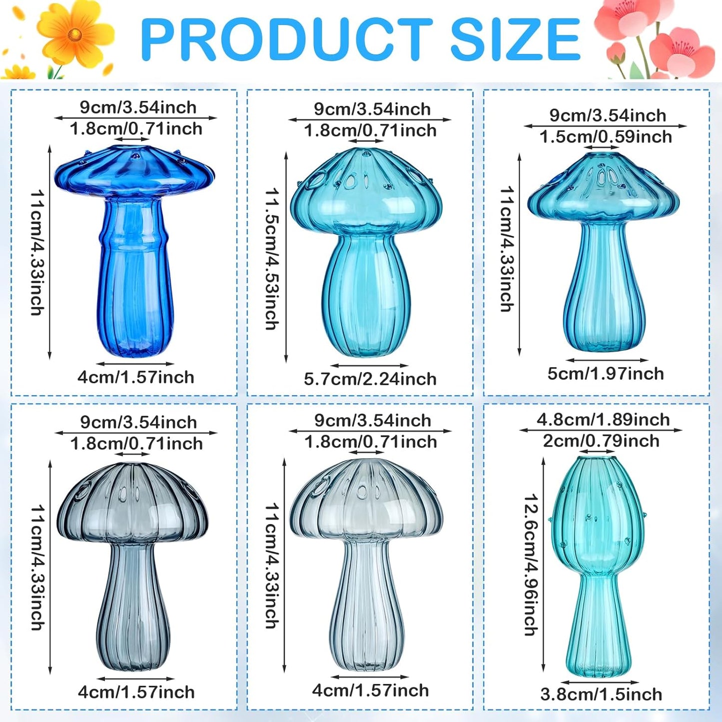 7 Pcs Mushroom Glass Propagation Vases 6 Colored Mini Cute Terrarium Plant Propagation Station Small Hydroponic Pots for Spring Easter Decor Flowers Decoration Gift Bedroom Kitchen (Blue)