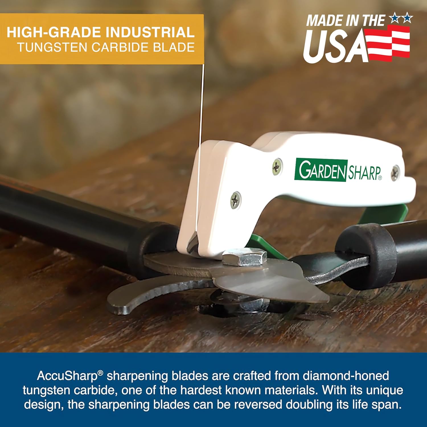 AccuSharp Garden Tool Sharpener, Diamond-Honed Tungsten Carbide Blades