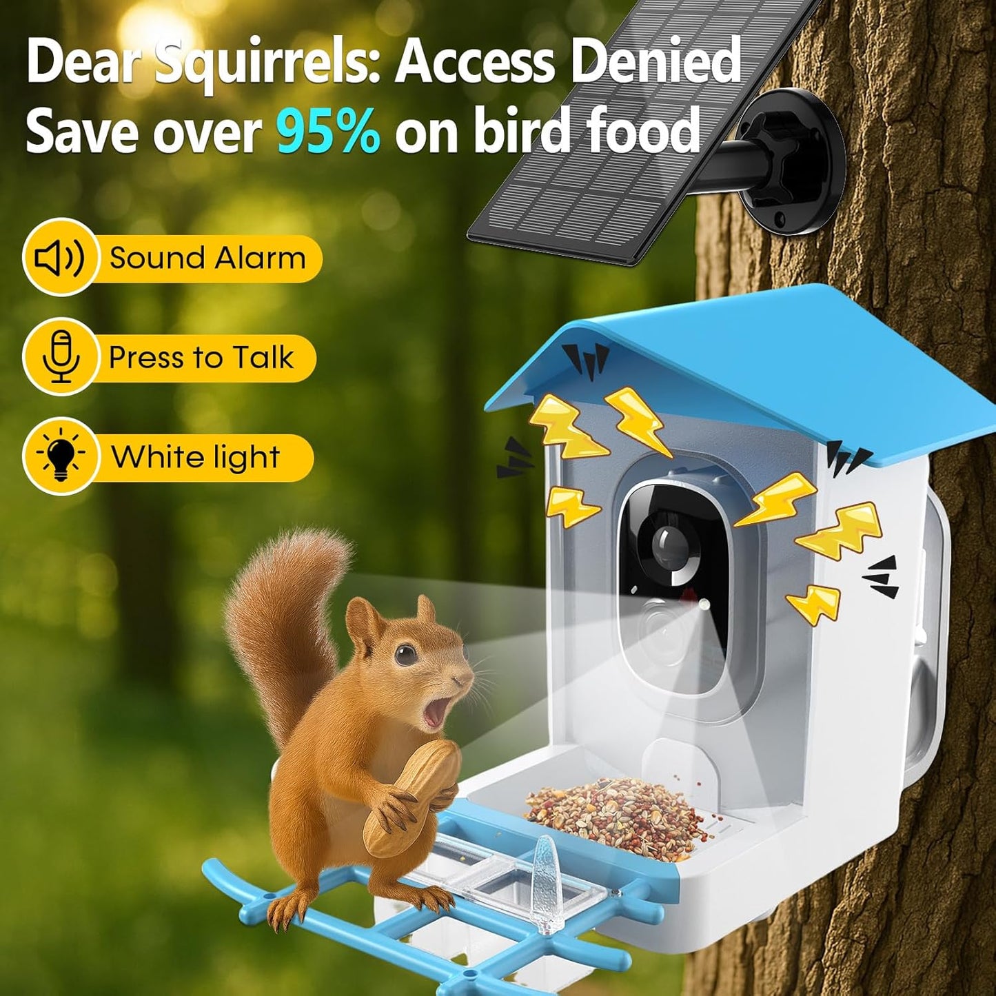 Smart Bird Feeder with Camera - 2K Live Stream, AI Species Recognition, Solar-Powered, Motion Alerts, Squirrel-Proof Weight-Sensor + Large Capacity, Weatherproof Design, Gift for Birds Lover