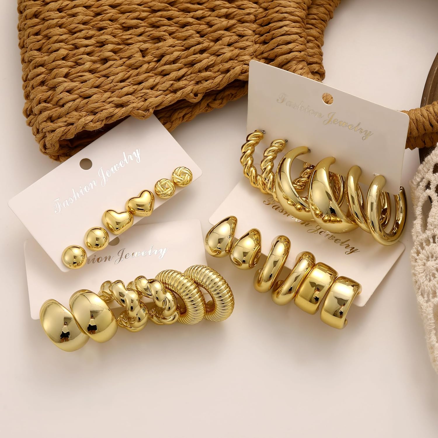 12 Pairs Chunky Gold Hoop Earrings for Women Trendy, Gold Plated Light