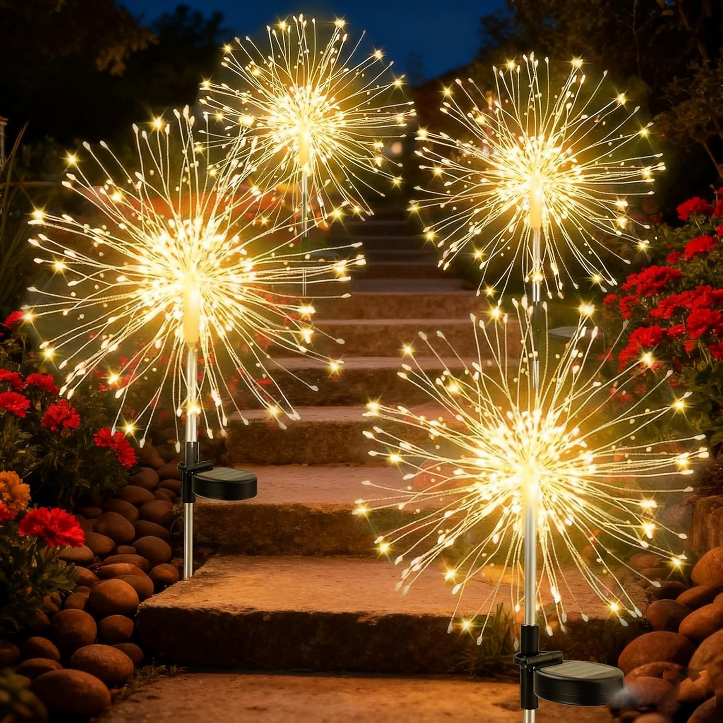 4 Pack Solar Firework Lights, 200 LED Outdoor Waterproof Garden Decorative Lights, for Party, Home, Christmas Decoration (Warm Ligh)