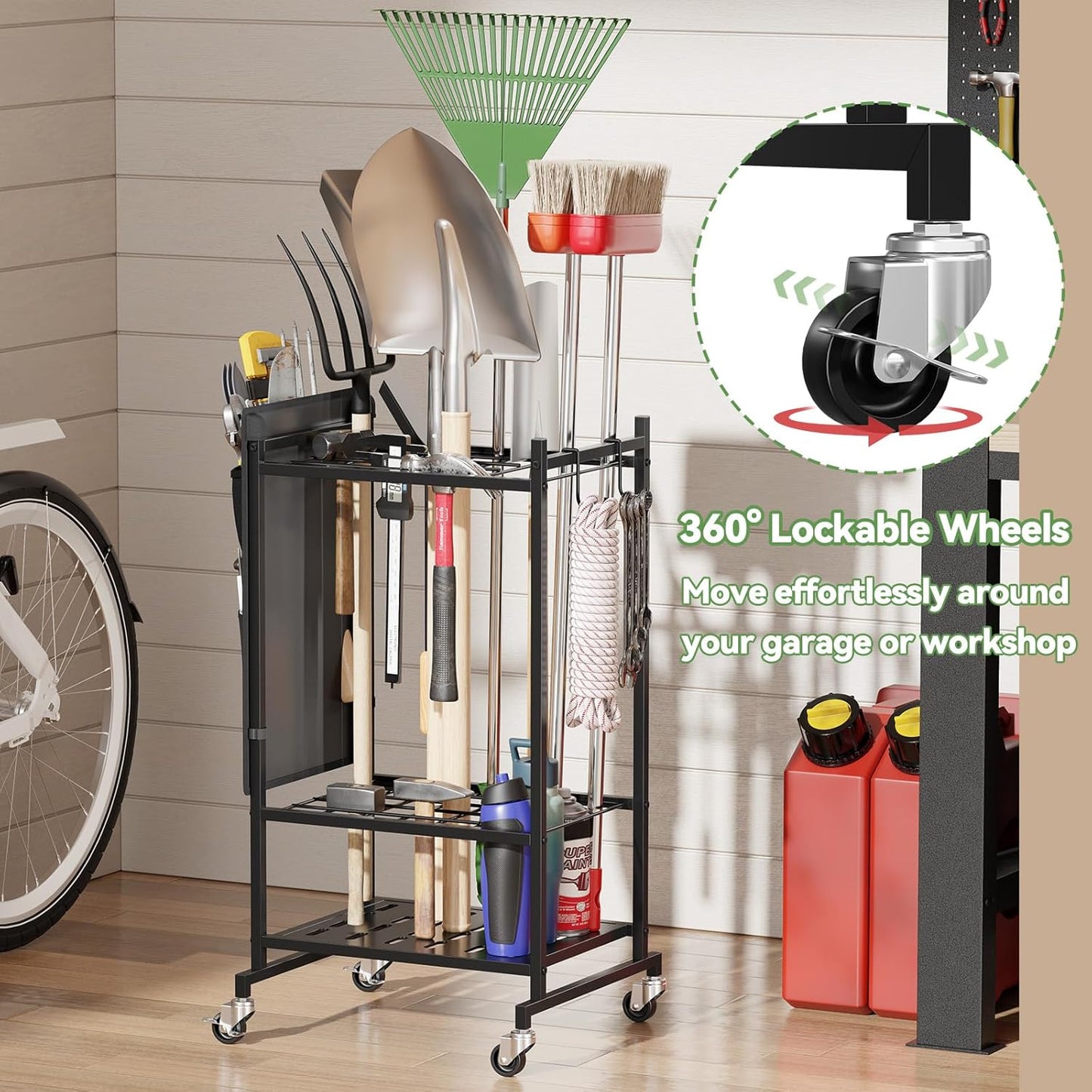 Garden Tool Organizer with Pockets, Rolling Yard Tool Storage Rack with 2 Hooks and Lockable Wheels, Black