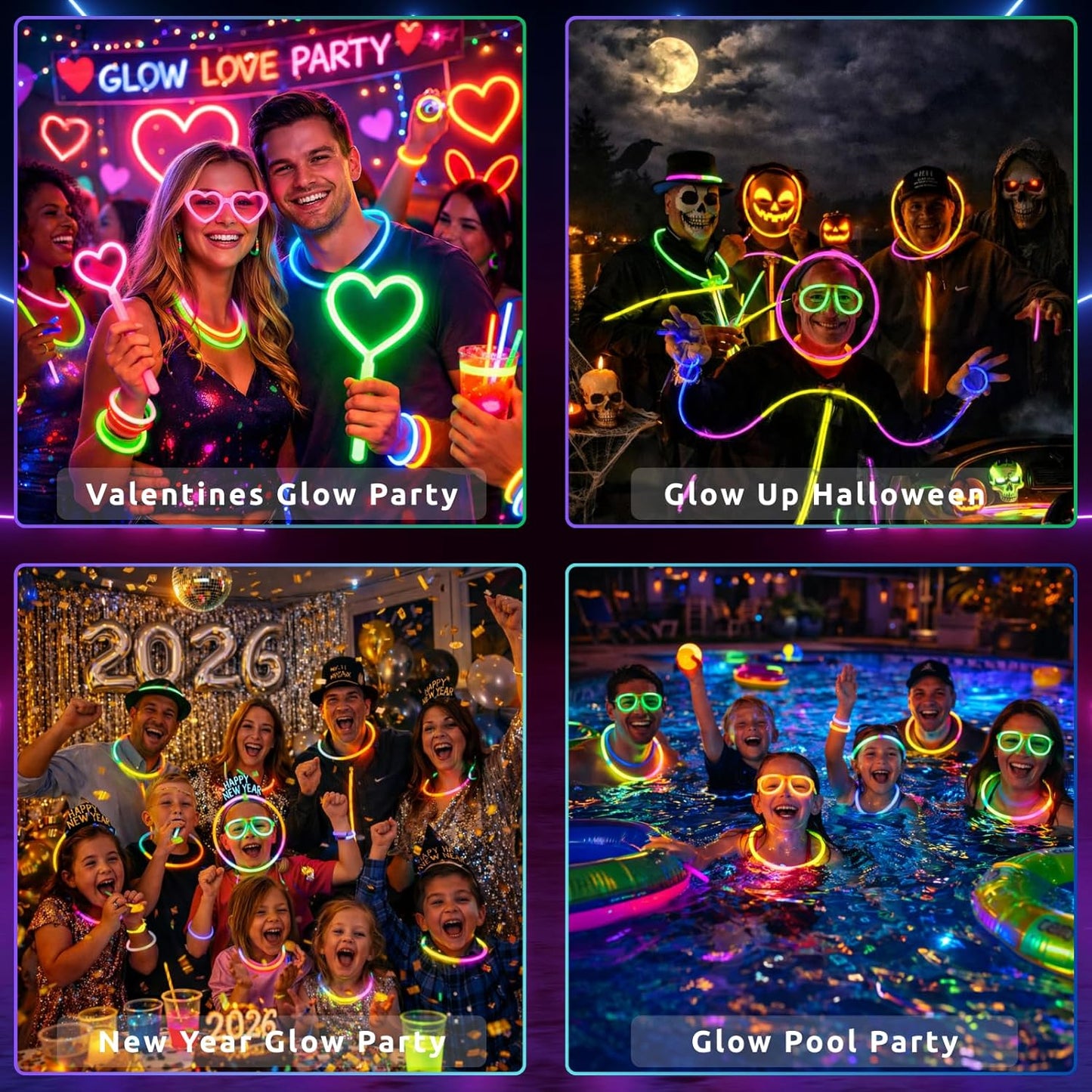Ammy Glow-205 Pcs Glow Sticks-100 Pack Bulk Party favors for Kids-Neon Glow in The Dark Party Supplies - Eye Glasses, Glow Bracelets & Necklaces -Party Lights For Birthdays & Weddings