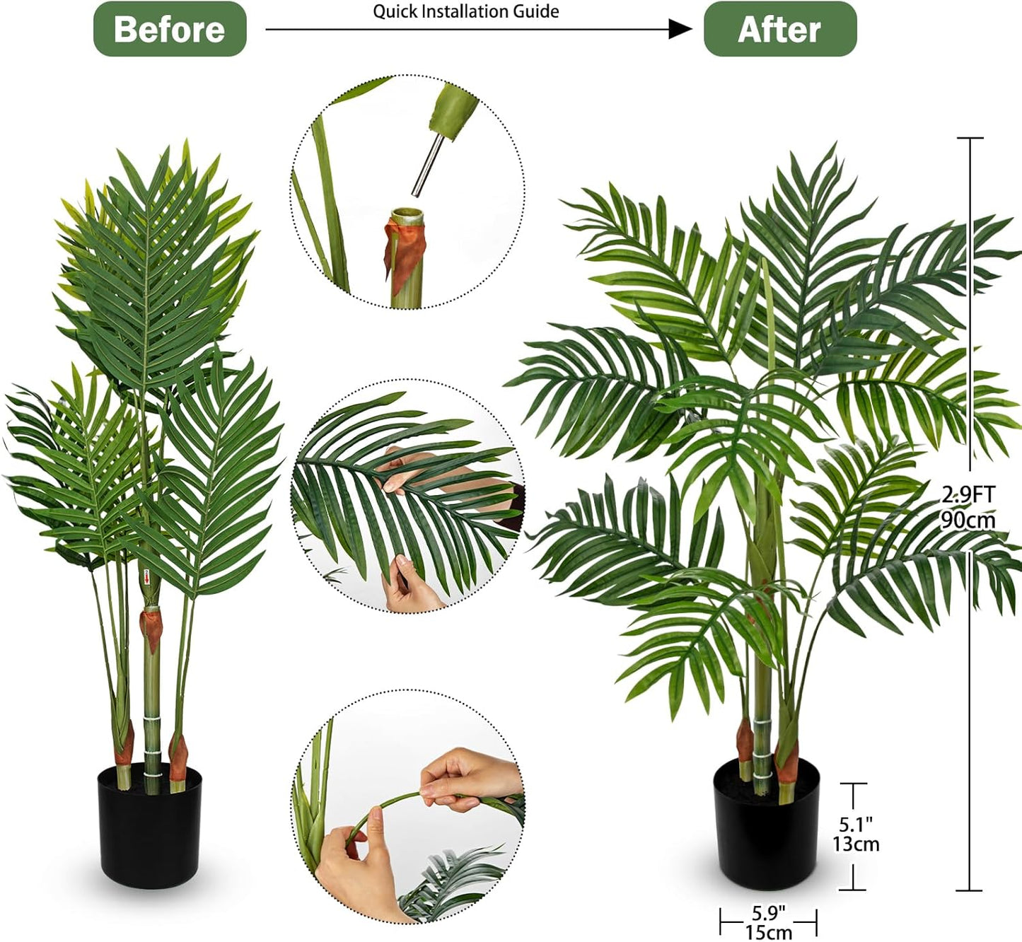 Hollyone Fake Palm Tree Decor 3FT with Planter Artificial Palm Tree Faux Tropical Areca Floor Plant in Pot with 3 Textured Trunks Silk Plant for Home Garden Outdoor Indoor Office Decor