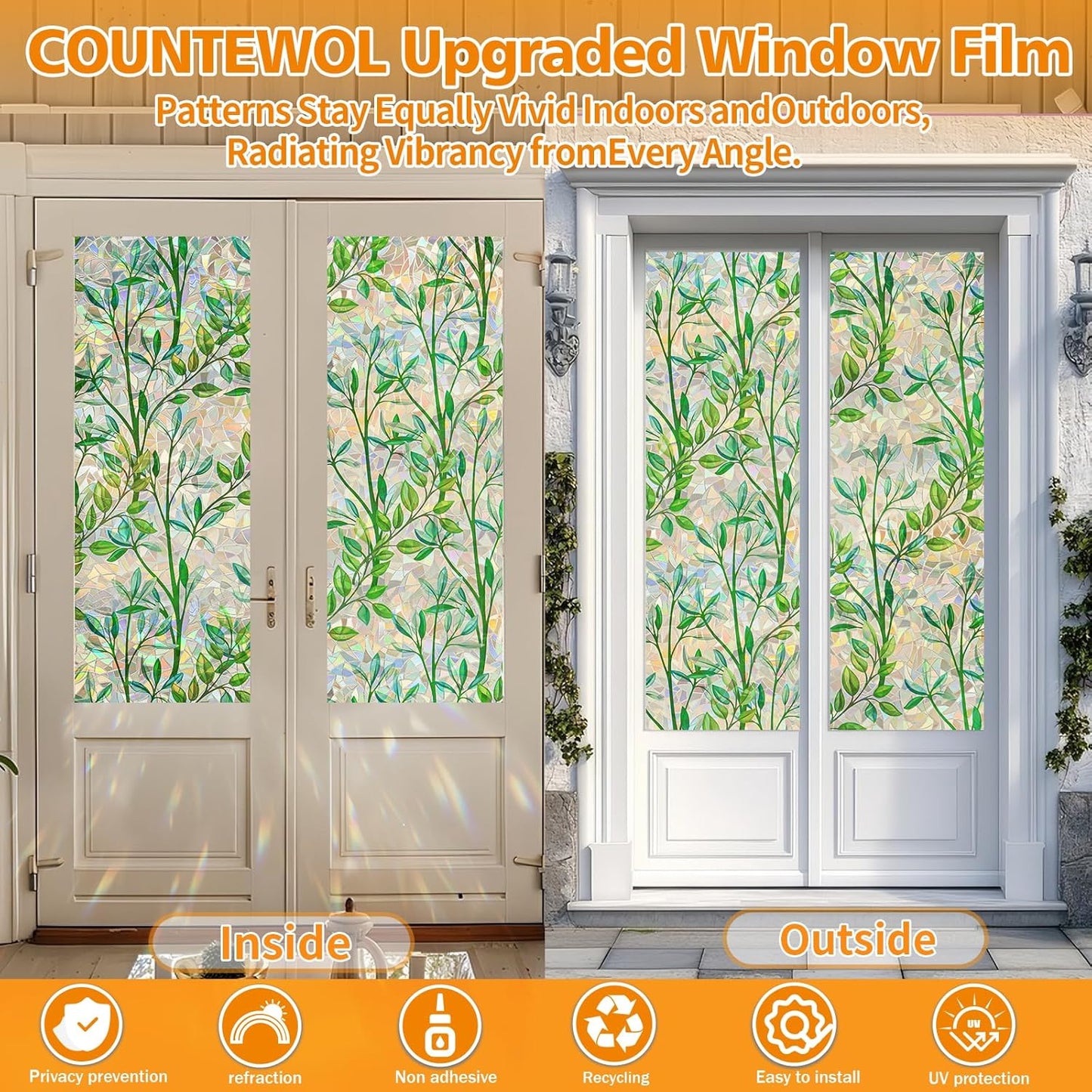 Window Privacy Film Stain Glass Window Film Rainbow Window Film Window clings Non-Adhesive Reusable Decorative for Room (Leaf Rainbow, 17.5 x 78.7 in)