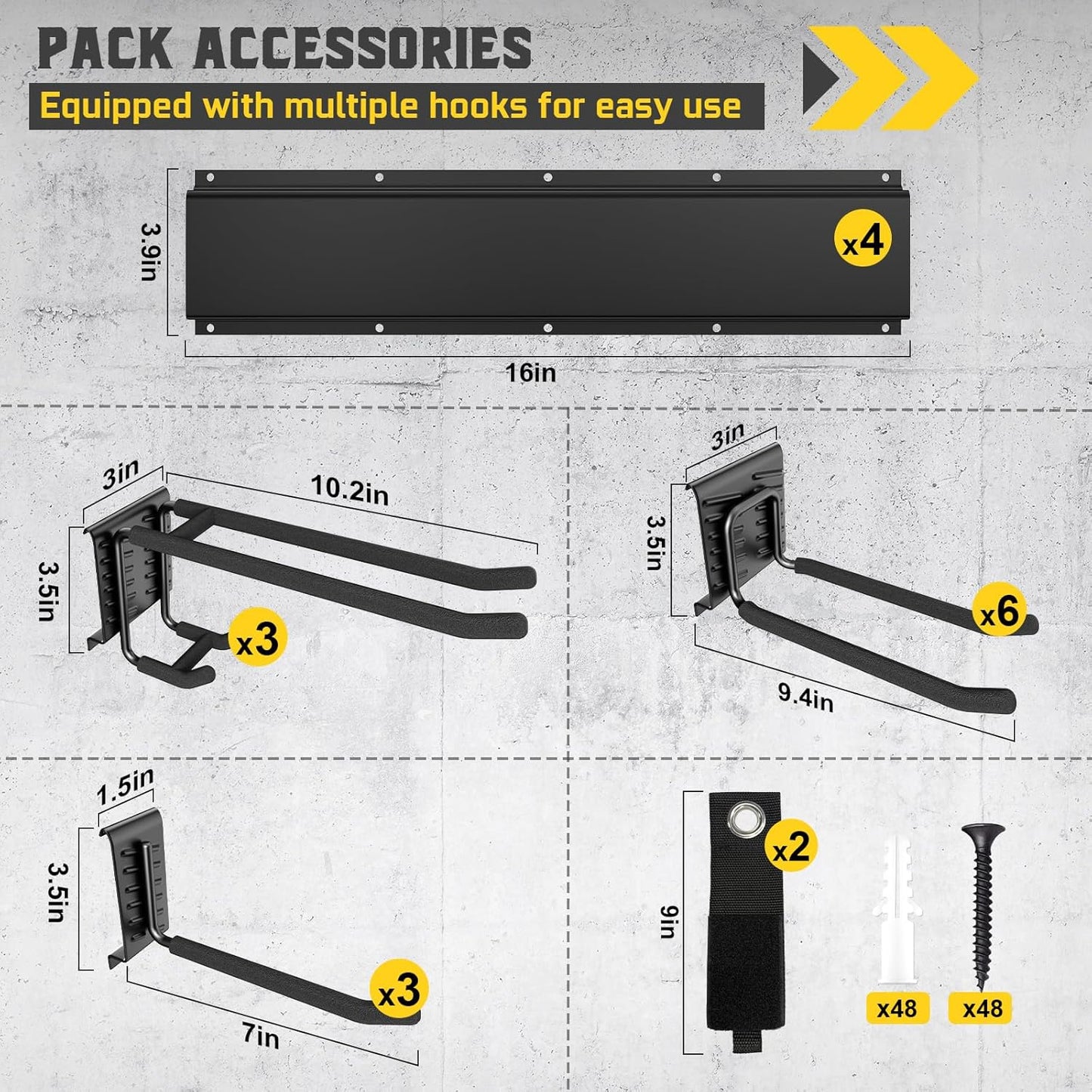64" Garage Tool Organizer Wall Mount, 900 lbs Heavy Duty Steel Garden Tool Storage Rack with 12 Adjustable Hooks for Yard, Shed, Garage (4 Racks, 12 Hooks, 2 Straps)