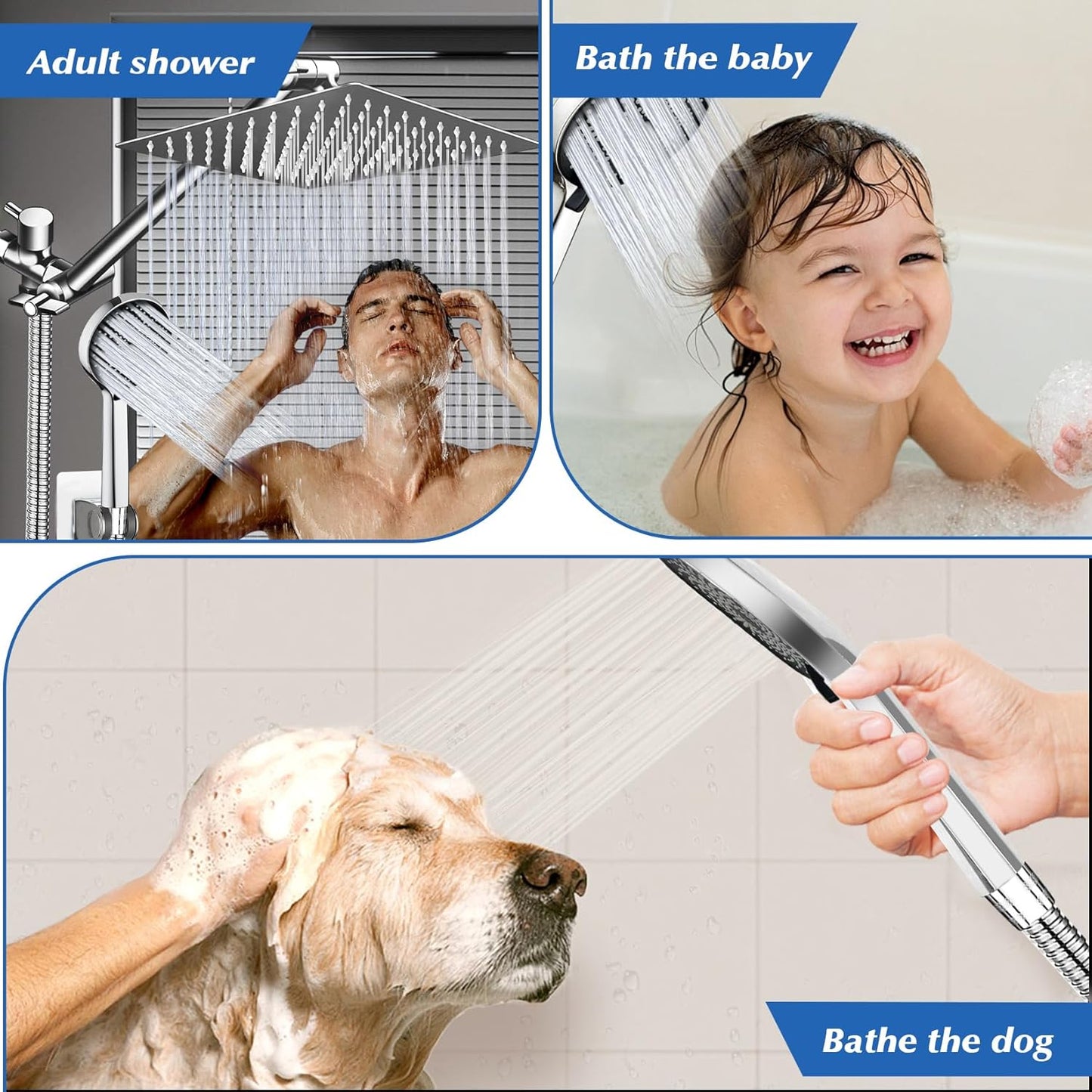 Shower Head,8”Rain Shower Head with Handheld Spray Combo with 11'' Angle Adjustable Extension Arm/Flow Regulator/Shower System,High Pressure Rainfall Shower Head Bathroom,Chrome