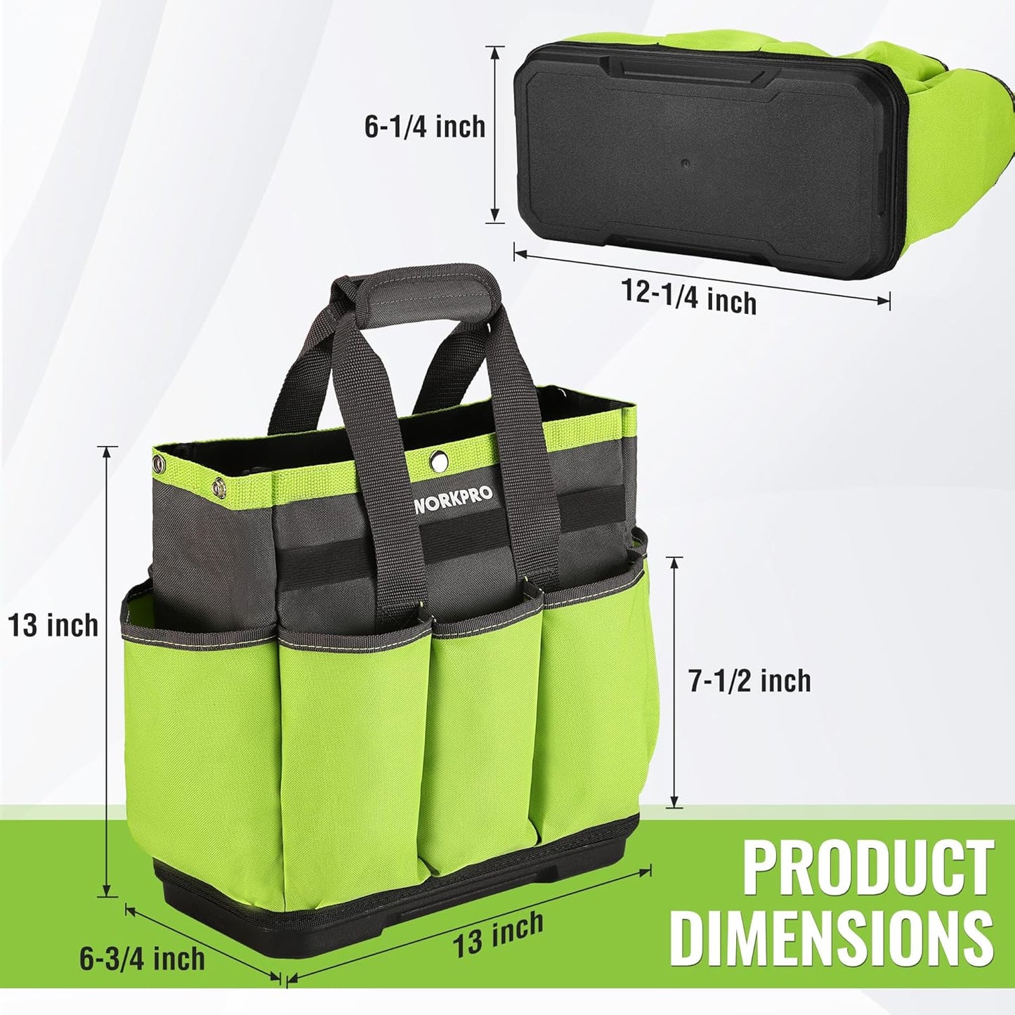 WORKPRO Garden Tool Bag with Waterproof Plastic Base, 8 Pockets Garden