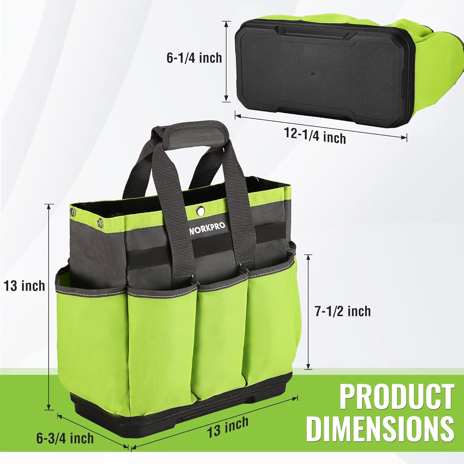 WORKPRO Garden Tool Bag with Waterproof Plastic Base, 8 Pockets Garden