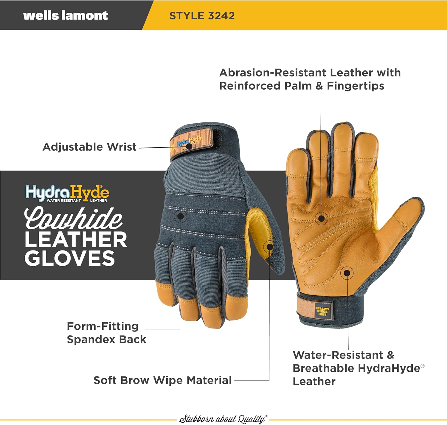 Wells Lamont Men's HydraHyde Work Gloves – Cowhide Leather, Reinforced