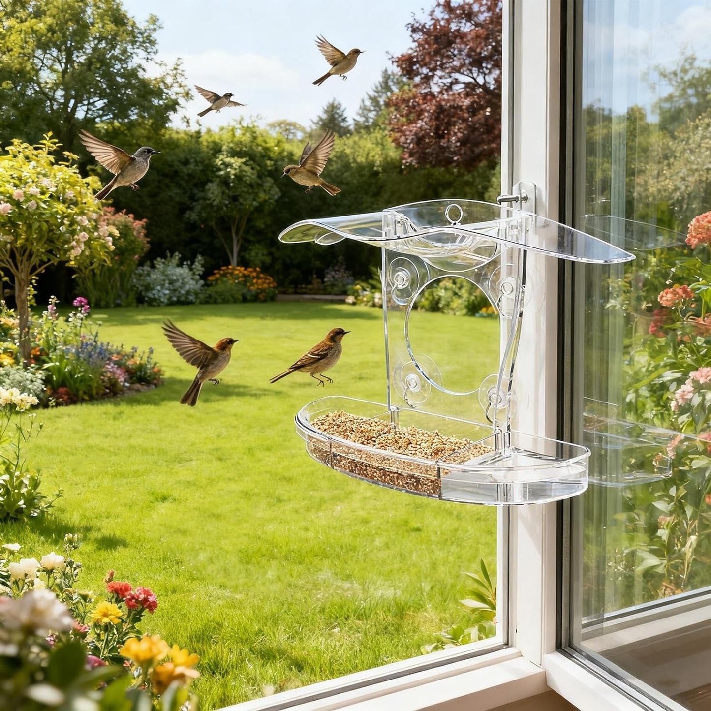 Window Bird Feeder, Pet Feeding Stations, Suction Cup Feeder, Clear Window Bird Feeding with Strong Suction, for Macaws Parrots Sparrows Parakeets Budgies Conures Cockatiels Indoor Outdoor Use