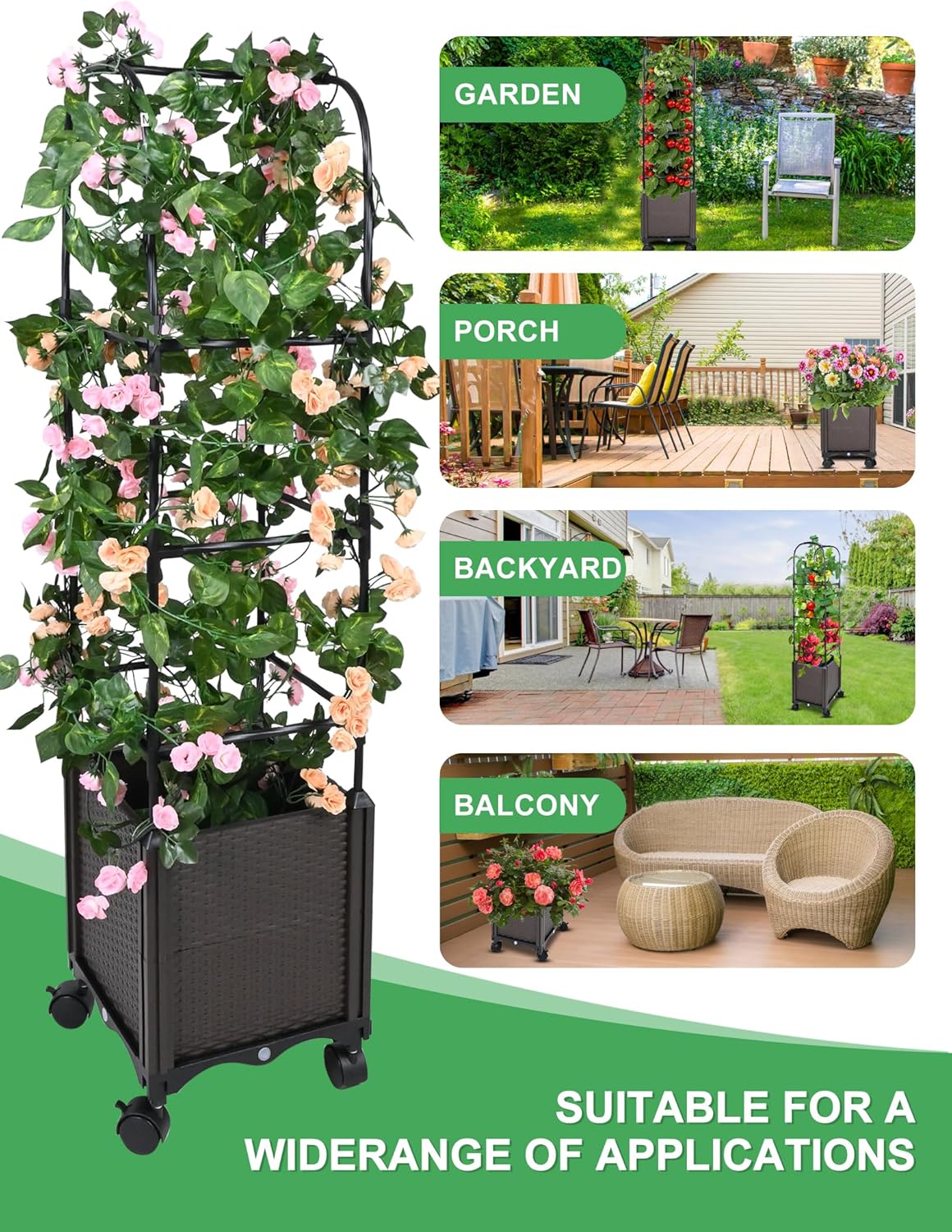 Raised Garden Bed Planter Box with Trellis, 51” Self-Watering Tomato Planter Boxes with Wheels for Climbing Plants, Tomato Cage for Patio Greenhouse Gardening Indoor Outdoor， 2 Pack