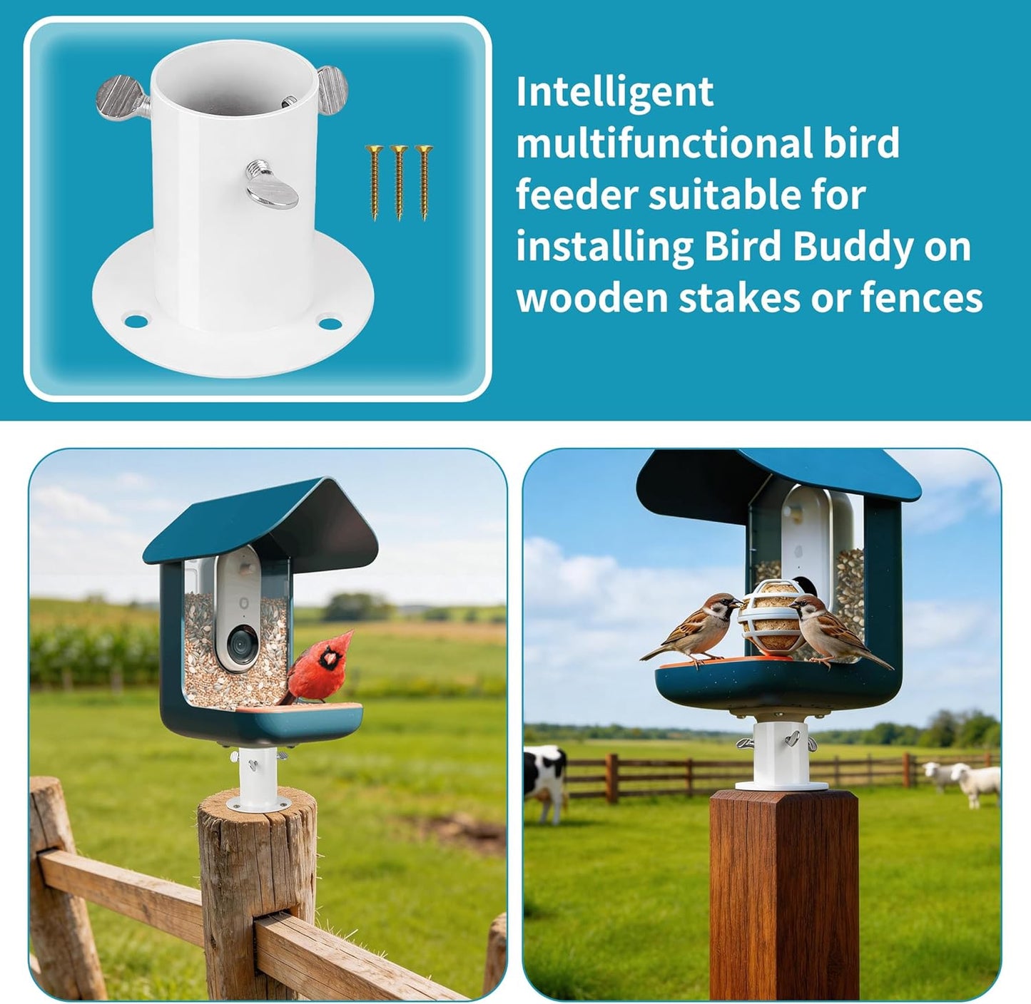 Metal Fence Mount Adapter for Smart Bird Feeder Durable, Weather-Proof Post Mount Base Bird-Feeder with 6 Screws Easy Installation