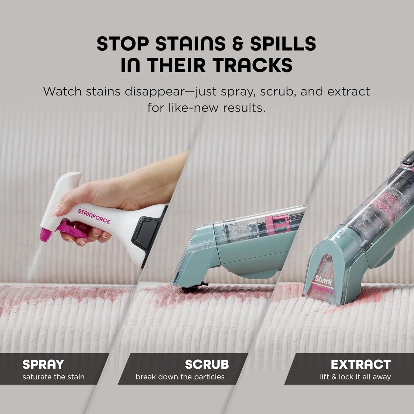 Shark StainForce Cordless Portable Spot, Stain, & Odor Remover System for Carpets, Area Rugs, Upholstery, Stairs, with Storage Caddy, Accessories, and Full-Size Cleaning Solution, HX101 (New)