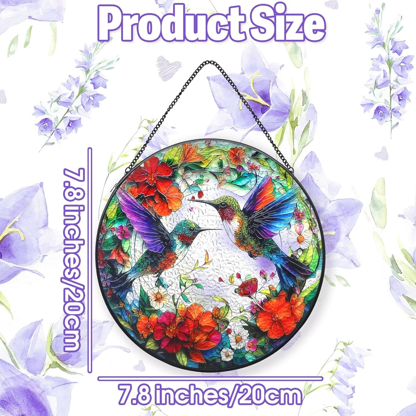 Hummingbird Suncatcher Stained Glass Window Hanging Set, 7.8 Inch Sun 