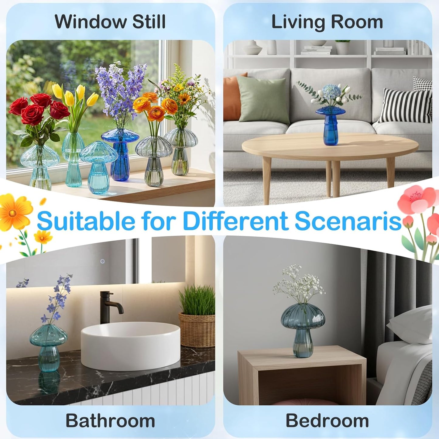 7 Pcs Mushroom Glass Propagation Vases 6 Colored Mini Cute Terrarium Plant Propagation Station Small Hydroponic Pots for Spring Easter Decor Flowers Decoration Gift Bedroom Kitchen (Blue)