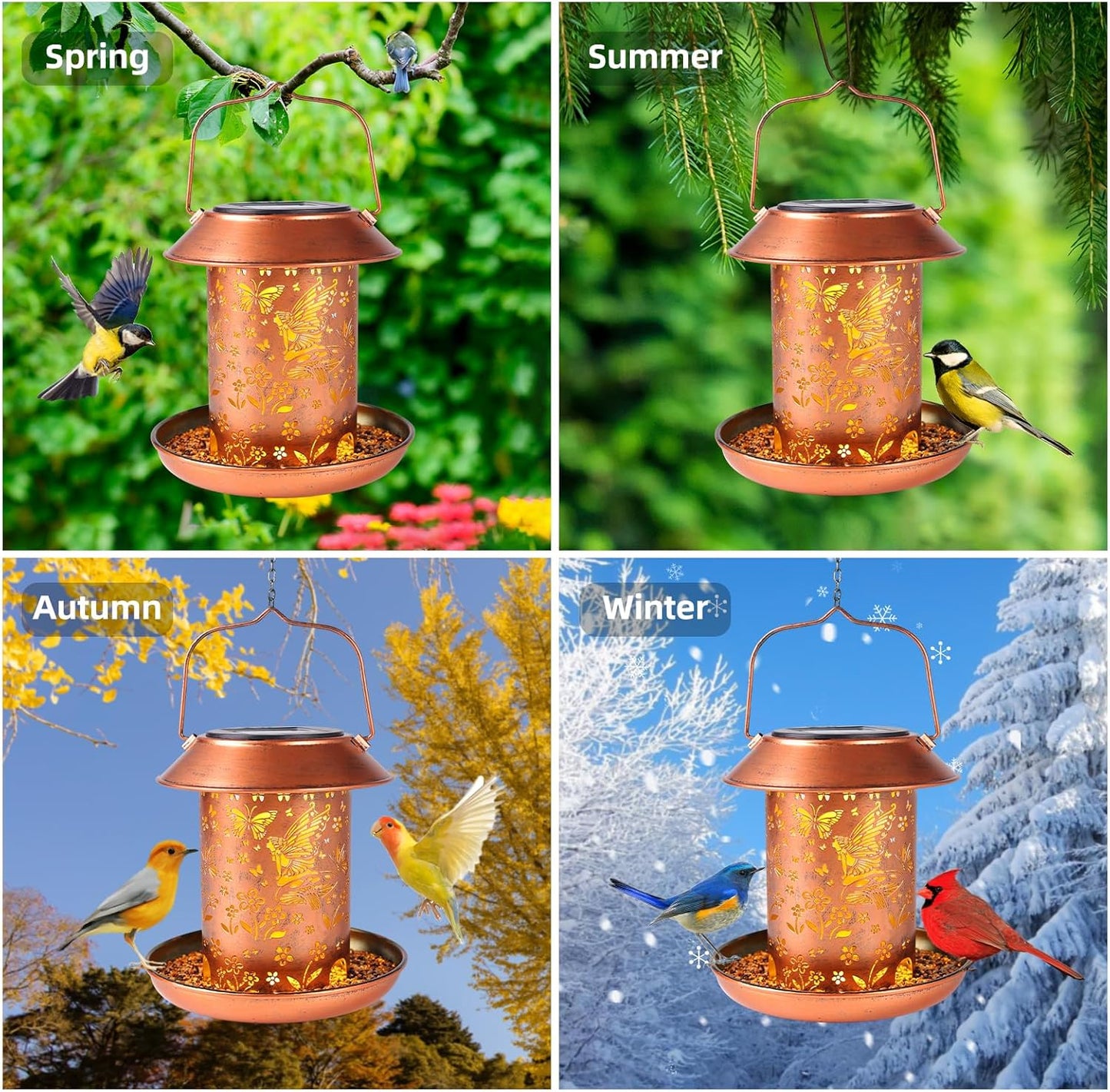 Solar Bird Feeders for Outdoors Hanging Metal Waterproof Outdoor Butterfly Lantern Wild Bird Feeder Weather Resistant Gifts for Women Friends,Yard,Patio,Porch,Balcony